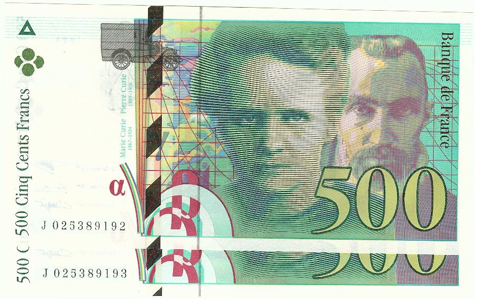 500 Francs (Pierre and Marie Curie) 1994 consecutives New